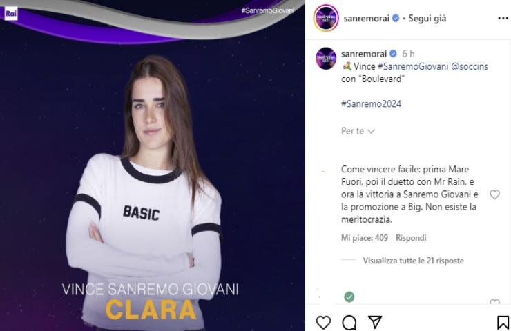 Clara Soccini Sanremo polemica web